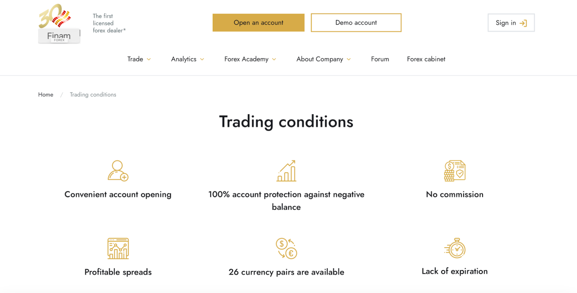 Finam Forex website showing its trading conditions.